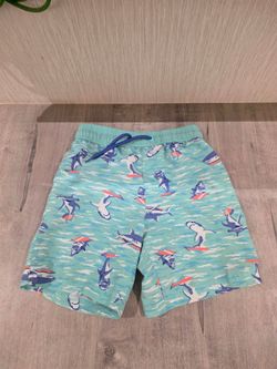 Blue Shark-Print Kids Swim Shorts, Boys swim trunks / board shorts, size s(5/6)