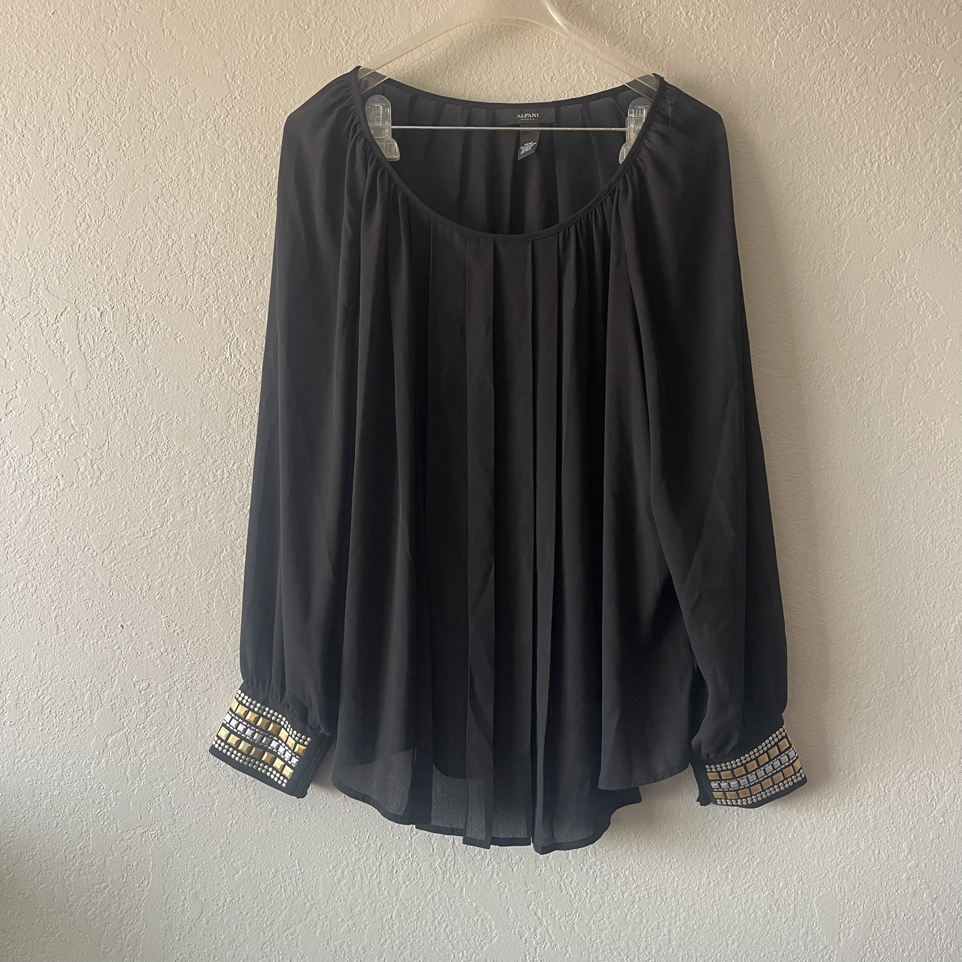 Alfani, Women’s Black Studded Longsleeve Sheer Scoop Neck Blouse, Size 18W
