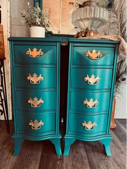 Gorgeous Antique Custom Peacock Teal Matching Nightstands