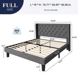 Full Size Platform Bed Frame with Upholstered Headboard and Wingback, (112-4)