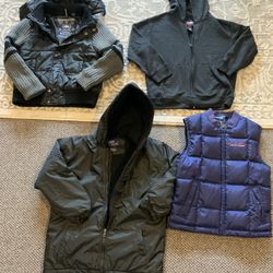 Boys small winter clothing lot includes: buffalo  jacket, black hoodie, brand new inside fleece windbreaker jacket, and Ralph Lauren polo sport vest a