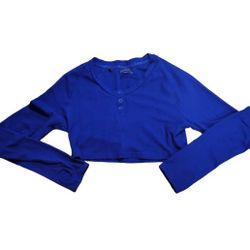 Gymshark Crop Long Sleeve Back Logo Blue Workout Athletic Exercise Henley Top