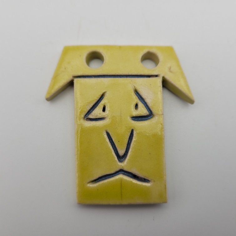 Ceramic Necklace Pendant Artist Signed JR 1960s Geometric Face Abstract Button