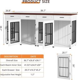 87" Dog Crate Furniture for 2 Dogs, Double Dog Cage Furniture, White Extra Large Wooden Dog Kennel with 4 Drawer, Removable Divider, Furniture-Style T