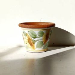 Vintage Terra Cotta Glazed Ceramic Floral Flower Print Plant Pot/ Plant Planter/ Flower Pot Patio Garden
