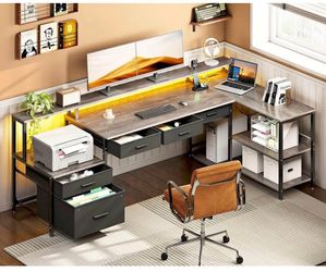 L Shaped Desk with 5 File Drawers, 75" Reversible L Shaped Computer Desk with Power Outlet & LED