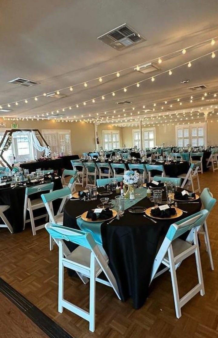 120in BLACK tablecloths & GOLD runners