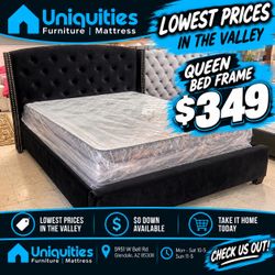Black velvet queen bed frame