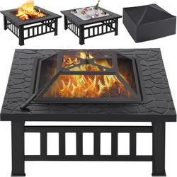 Multifunctional Fire Pit Table 26in Square Metal Firepit Stove Backyard Patio Garden Fireplace for Camping, Outdoor Heating, Bonfire and Picnic