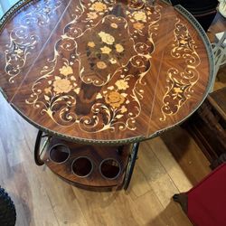 Vintage Inlaid Wood Tea Cart Bar Cart with Brass Rail