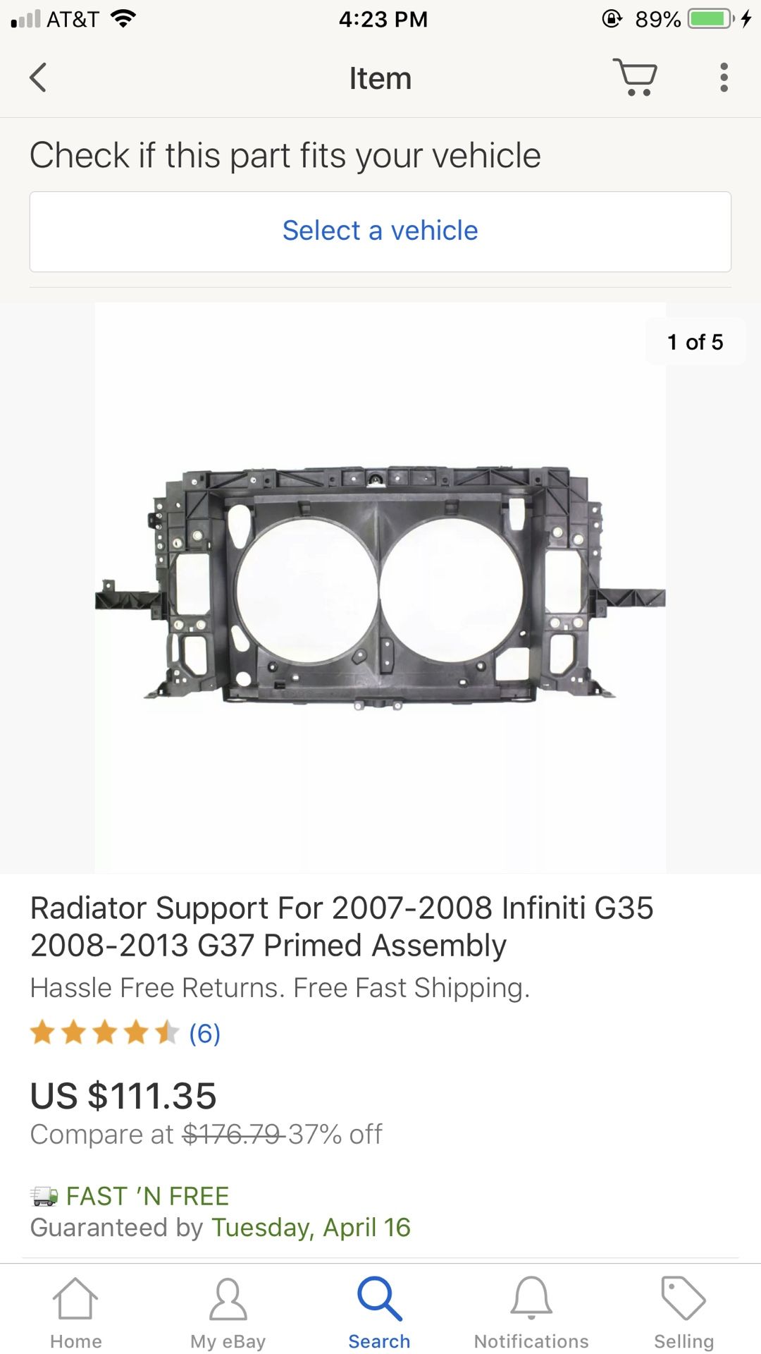 Infiniti G37 radiator support