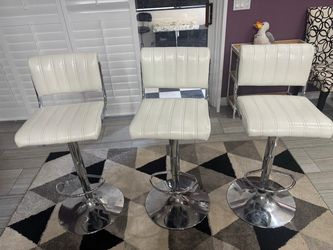 Set of 3 White Faux Leather Adjustable Bar Stools