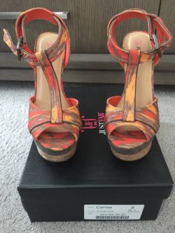 NIB Cerise Orange multi-color wedge. Sz 8 JustFab