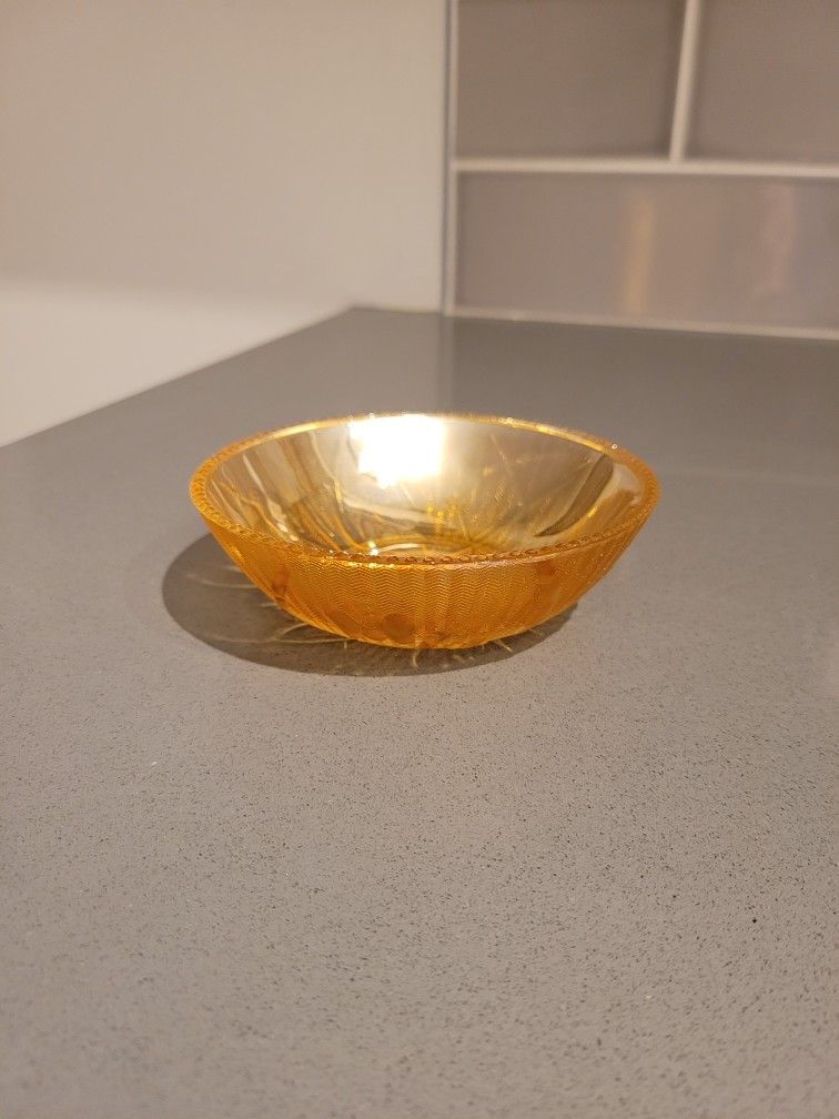 Jeanette Iris & Herringbone Iridescent Depression Glass Small Bowl Vintage 4.5" Wide, App. 1920's