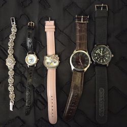 Watches lot 5! Mixed. Jewelry. Vintage. Hello kitty. Not tested. For Parts.
