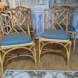 (4) Side Chairs capture the sophisticated soul of Chinese Chippendale styling. Wood frames are artisan crafted with classic fretwork