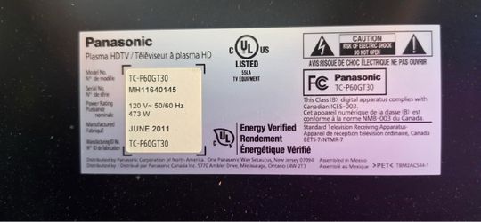 : Panasonic 60" Plasma HDTV Panasonic 60" Plasma 3D HDTV (TC-P60GT30) - Great Condition - $150