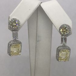 NEW .925 STERLING SILVER (RHODIUM) SIMULATED YELLOW DIAMOND EARRINGS.