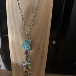Unique silver-toned chunky chain necklace with stones and charms