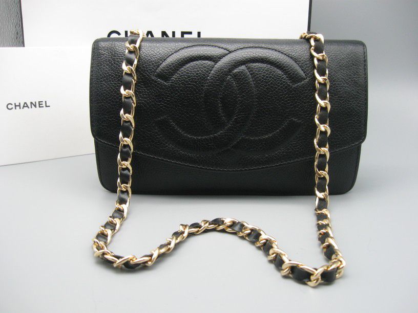Chanel Black Caviar Leather CC Logo Long Flap Bag Wallet