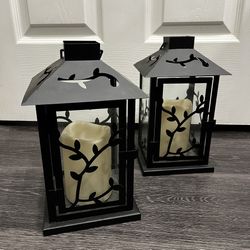 set of two metal lanterns with battery operated candles