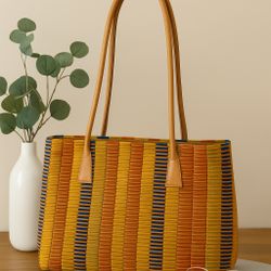 Monsac USA Modern Multicolor Woven Leather Tote, 16x4x10”