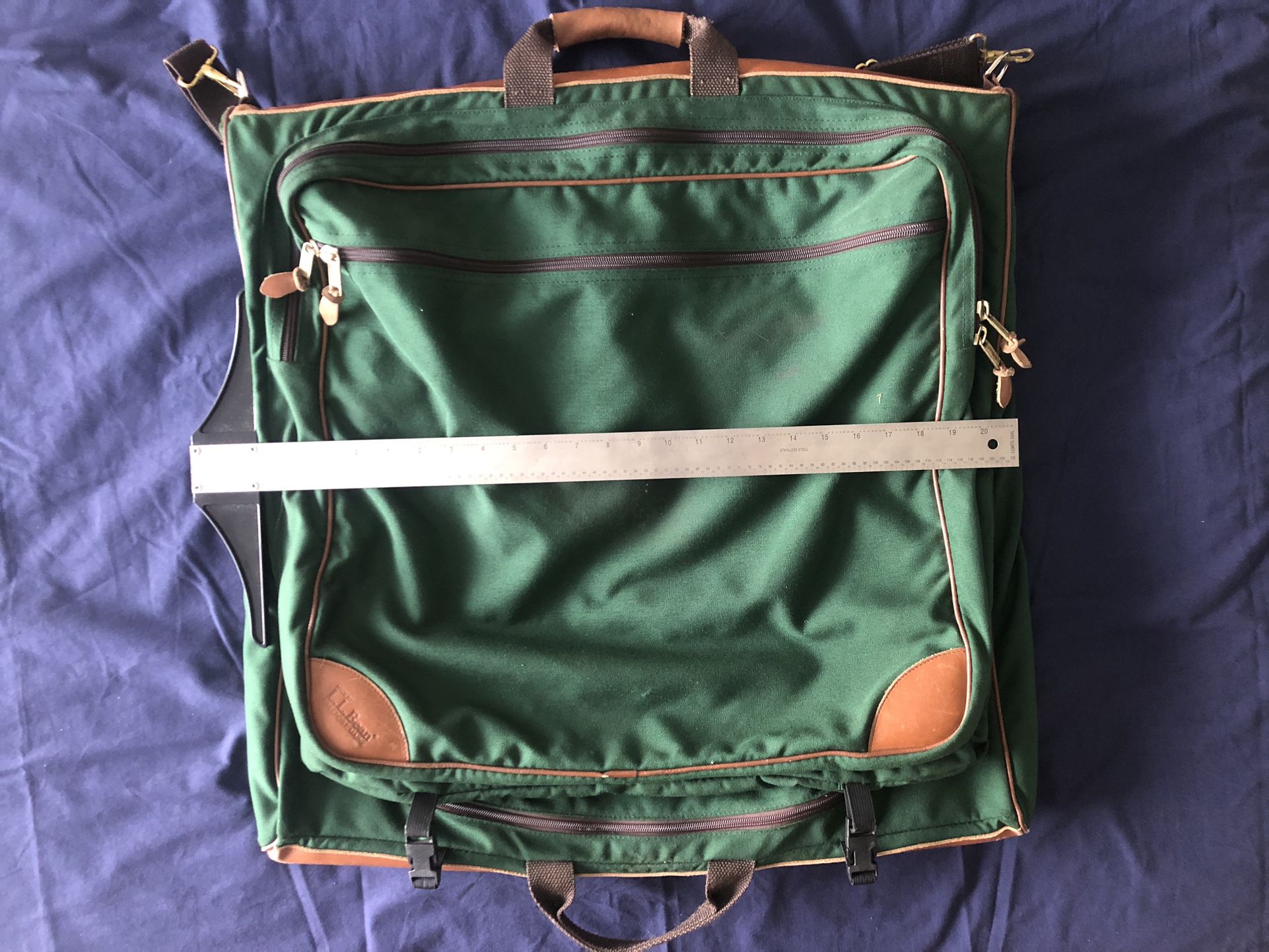 Vintage 80s 90s LL BEAN Green Canvas Leather Folding Garment Suit Carrying Bag Travel
