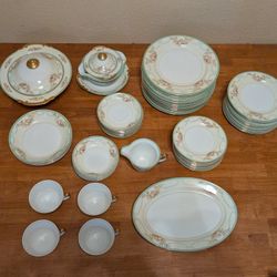 Rare 63-Pc Japanese, Hand Painted Meito China Set- Formal Garden Green Vintage 1950's Elegance