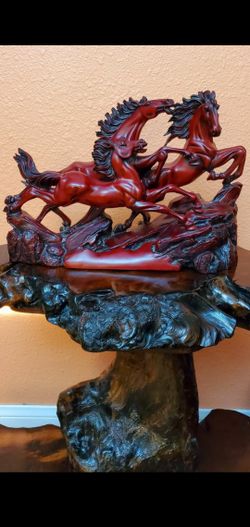 Vintage Mahogany Red Resin 3 Stallions Galopping Horses, Chinese Figurine...