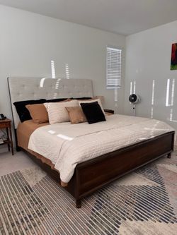 Brown wood grey upholstered King Bed Frame