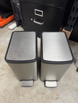 Small Kohler 6L/2.5-Gallon Stainless Steel Slim Step Trash Can, featuring a hands-free foot pedal and brushed stainless steel finish