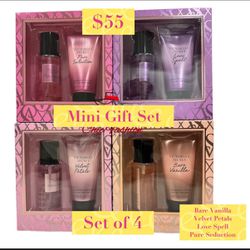 Victoria’s Secret Body Gift Set Mini Fragrance Set Of 4- sealed!  Pure seduction  Bare Vanilla Love Spell Velvet Petals  All brand new.  4 sets!   Bra