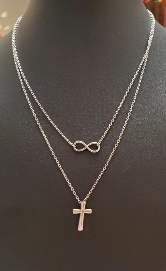 Sterling Silver Double Necklace Cross and Infinity 15”
