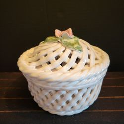 Vintage Berardos Handmade in Portugal White Ceramic Basket Dish &Lid W/Pink Rose