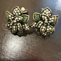 Heidi Daus Art Deco Revival Bronze Tone Metal Crystals Dangle Clip On Earrings