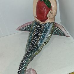 Vintage Unique Mexican Folk Art Mermaid Hand Carved Painted Wood Wall Art 38”