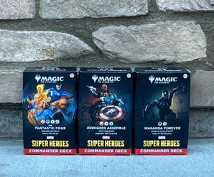 3 Boxes - Magic the Gathering, Super Hero's, Commander Decks, Avengers Assemble, The Fantastic Four, & Wakanda Forever