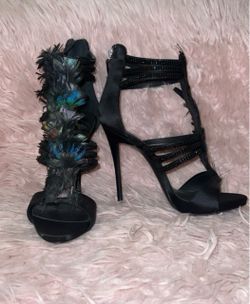 Giuseppe Zanotti Peacock Feather Heels Black Satin Strappy Sandals size 6 NEW
