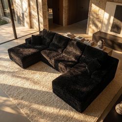 135 in. Square Arm 3-Piece Chenille U-Shaped Foam-Filled Sectional Sofa in Black, Compressed Sofa