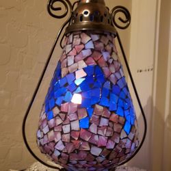 VINTAGE BRASS METAL MARBLE PURPLE ROYAL BLUE MOSAIC STAINED GLASS HANGING ACCENT TEALIGHT CANDLE LANTERN CHANDELIER SWAG PENDANT DECOR