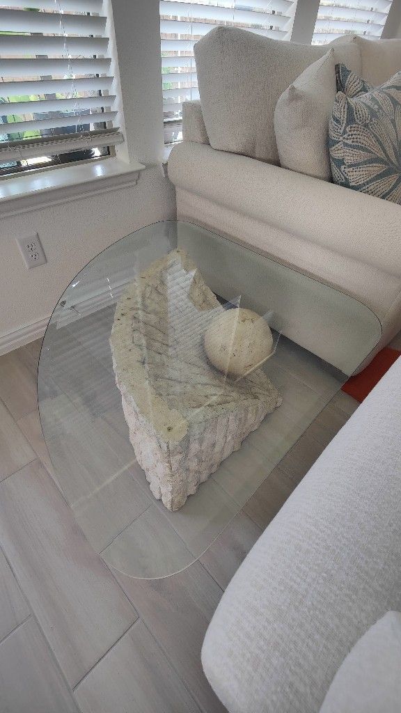 Postmodern Tessellated Mactan Stone Triangular Base & Glass Top Coffee Table Large Sphere Style Maitland Smith - Home Decor