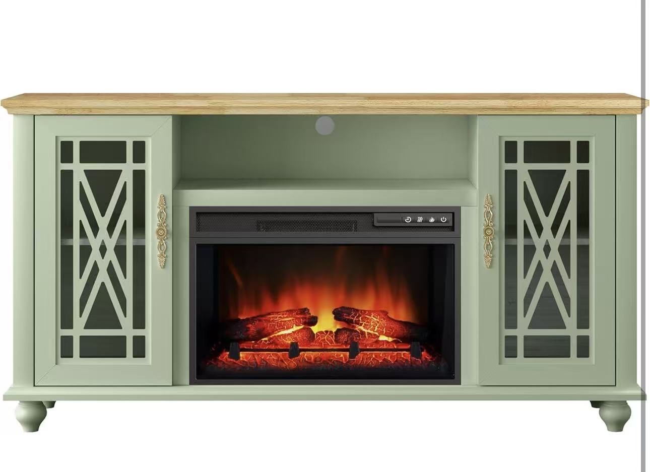 New assembled 62 Inch TV Stand Entertainment Center with 26" Electric Fireplace Insert, 2 Glass Doors & 4 Shelves for TVs up to 65", Farmhouse TV Cons