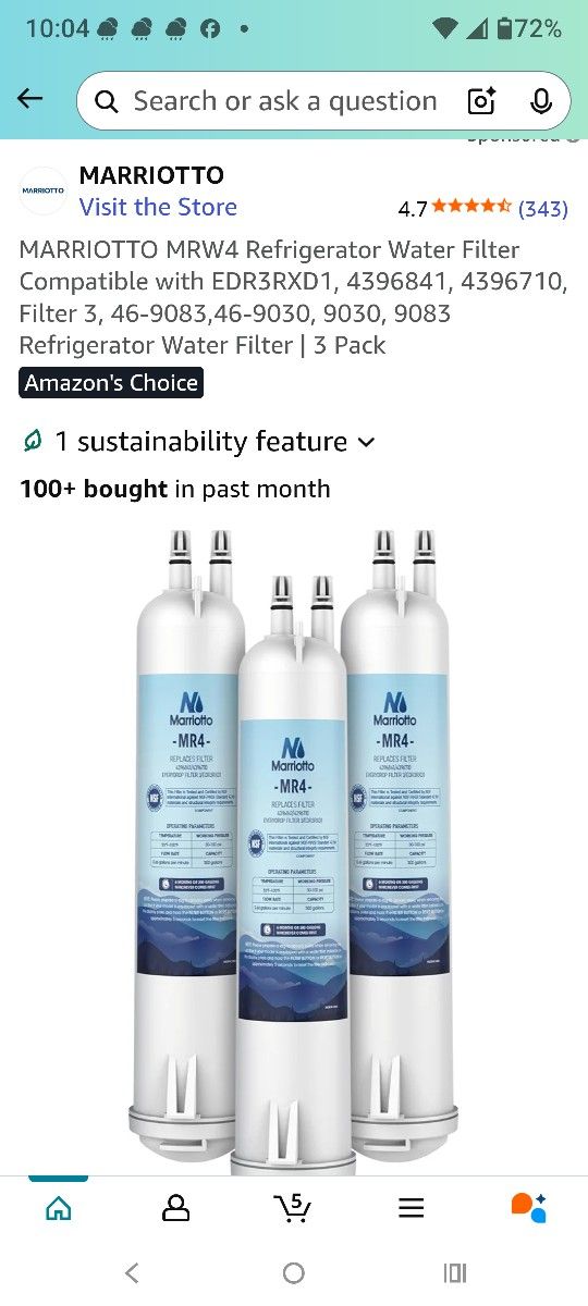 New In Box. 3 Pack Of MARRIOTT MRW4 REFRIGERATOR FILTERS. COMPATIBLE w/ EDR3RXD1, , , 46-9083, 46-9030.;SEE PHOTOS. CASH PICKUP ONLY 