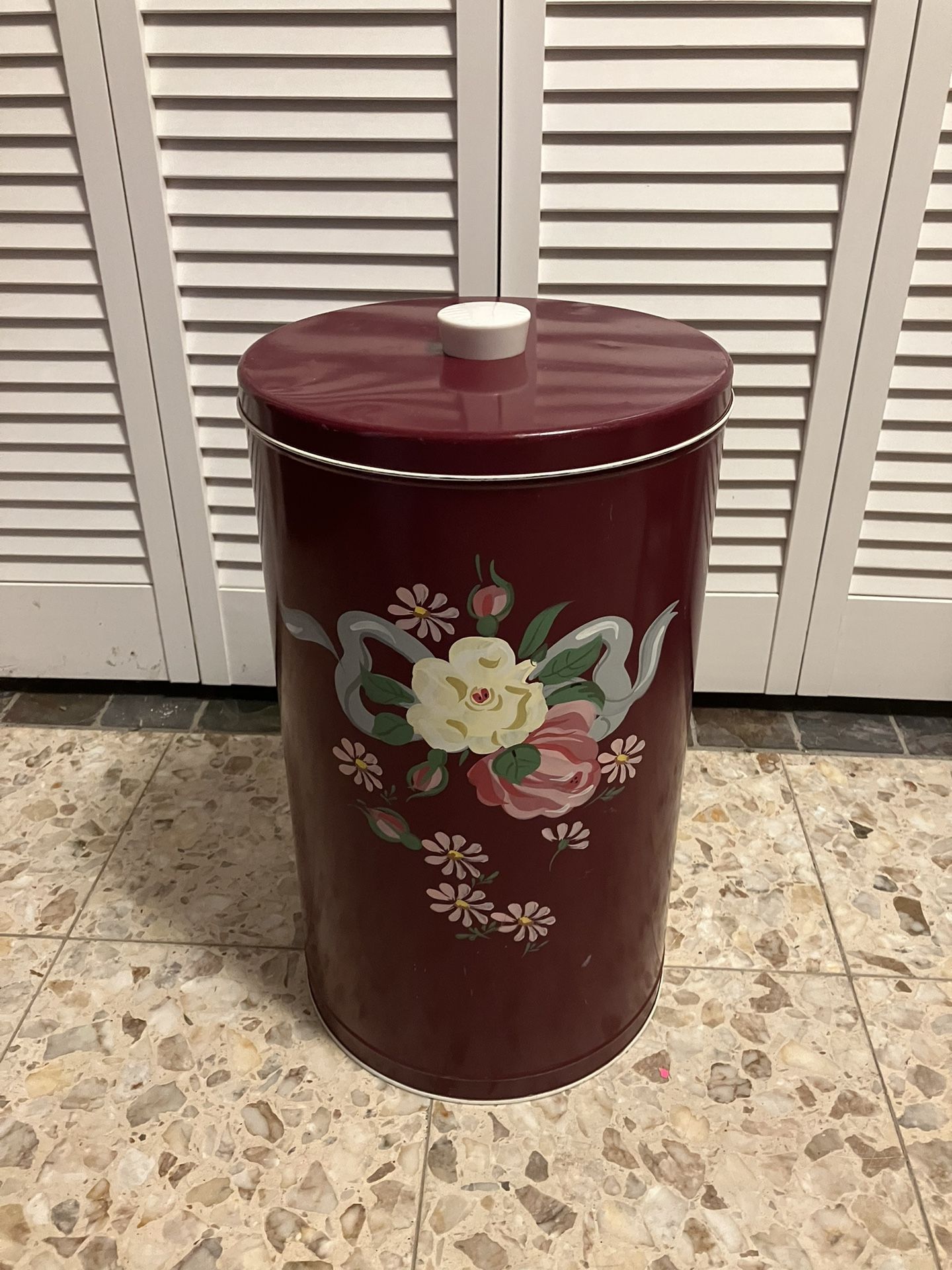 60s VTG Ransburg Tall Metal Hand Painted Trash Can & Lid MCM