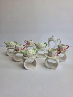 Vintage Porcelain Napkin Holders – Teapot, Cup & Saucer Floral Design 7+1 pc.