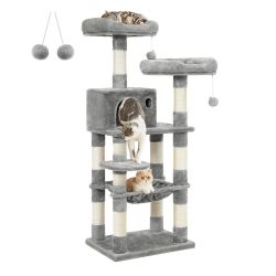 Cat Tree, 55.8-Inch Cat Tower, Multi-Level Plush Condo with 11 Scratching Posts, 2 Perches, Hammock, Cave, Light Gray UPCT15W