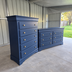 Elegant Navy Blue Dresser & Chest Set with Gold Hardware