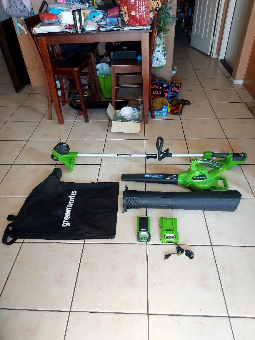 Greenworks Lawn Edge Cordless Trimmer And Leaf Blower Vacuum With Battery And Charger 40 Volts