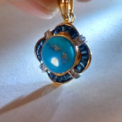$300! Awesome 14k Gold Turquoise,  Sapphire Diamond Necklace Pendant 