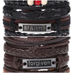 2 x Set Adjust. Size up to 9.5inc Leather Bracelet, (Faith-Forgiven)